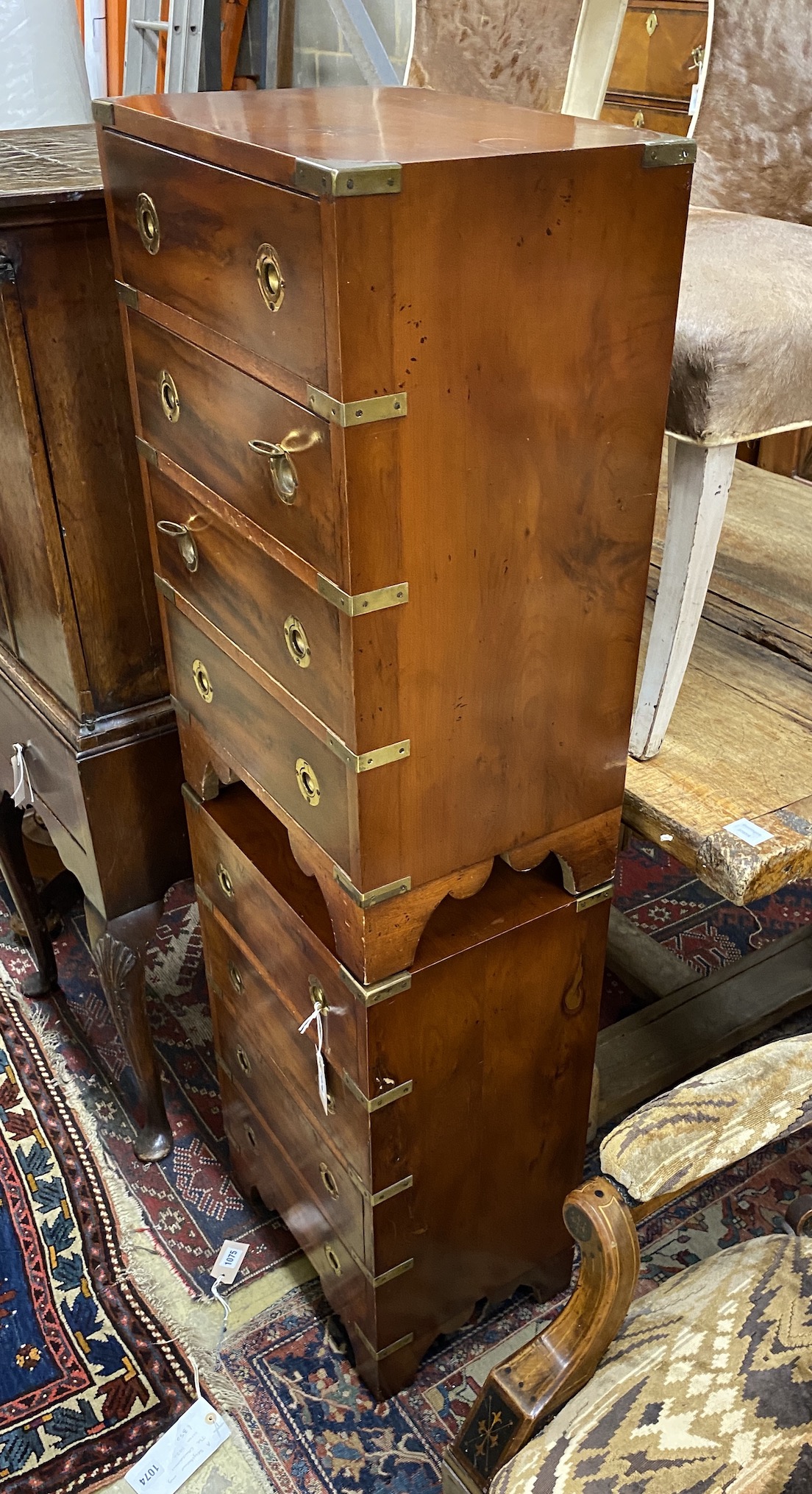 A pair of reproduction military style brass mounted yew bedside chests, width 42cm, depth 31cm, height 70cm